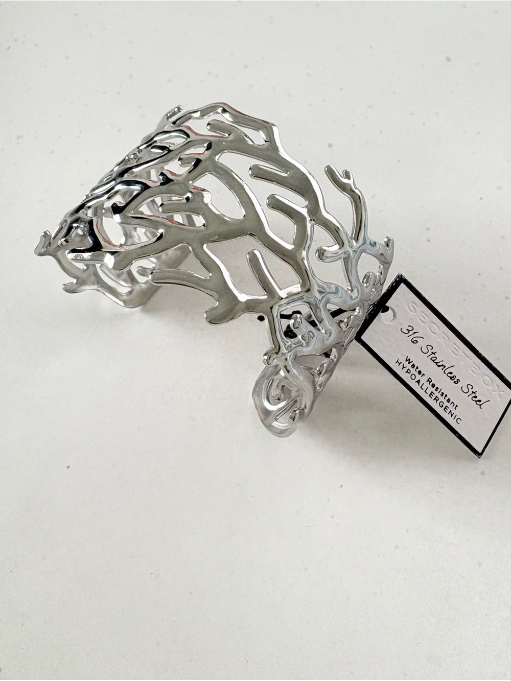 Secret Box Silver Openwork Coral Cuff Bracelet NWT
